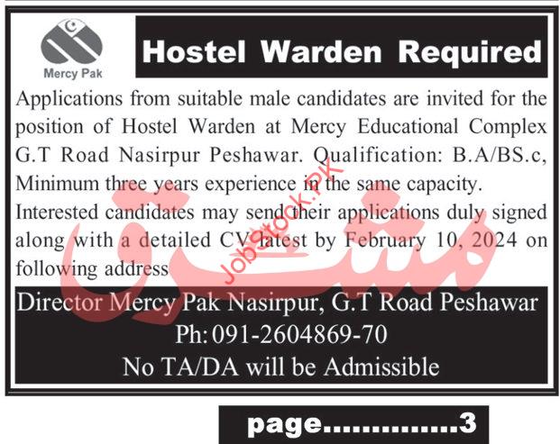Hostel Warden required at Mercy Pak Educational Complex