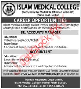 Islam Medical College Accounts Staff Jobs 2024