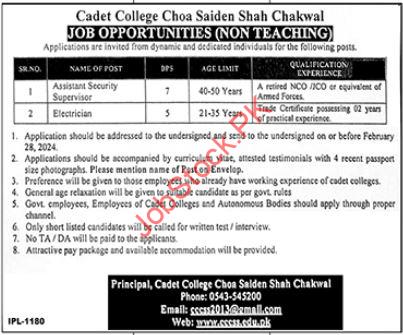 Job Opportunities at Cadet College Choa Saiden Shah