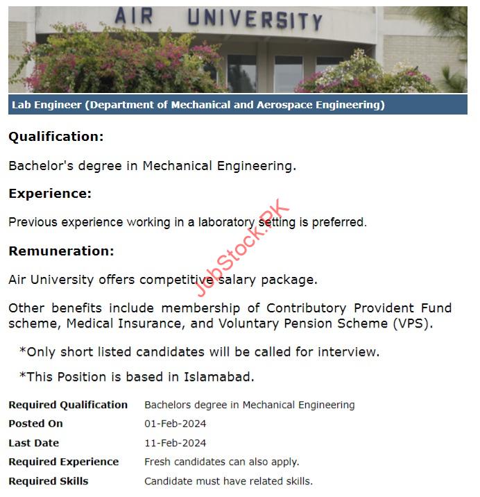 Lab Engineer Jobs in Air University AU
