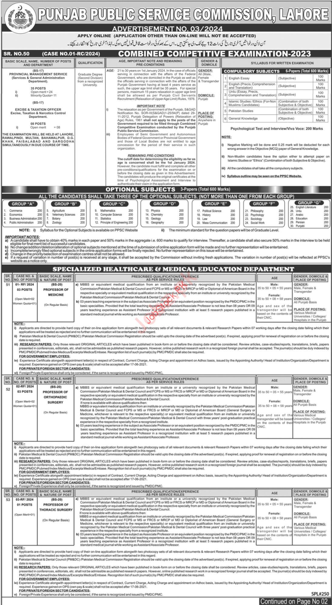 Latest Punjab Public Service Commission PPSC Lahore Jobs