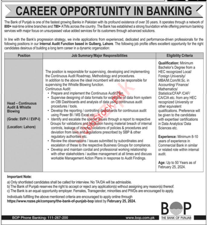 Latest The Bank of Punjab BOP Lahore Job 2024