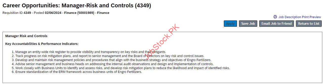 Manager Risk and Controls job at Engro Corporation