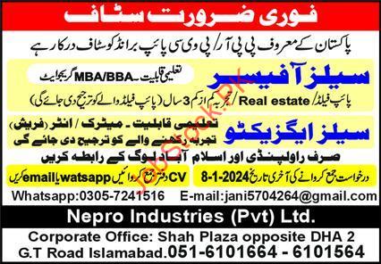 Nepro Industries Islamabad Jobs 2024 for Sales Executive
