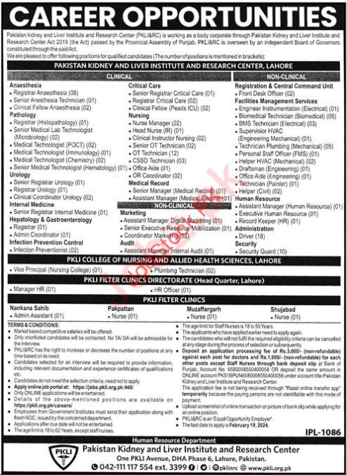Pakistan Kidney & Liver Institute & Research Centre Jobs