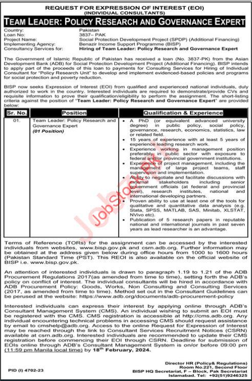 Policy Research & Governance Expert Jobs in BISP