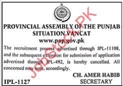 Provincial Assembly of the Punjab PAP Jobs 2024 Cancelled