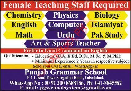 Punjab Grammar School Faisalabad Jobs 2024