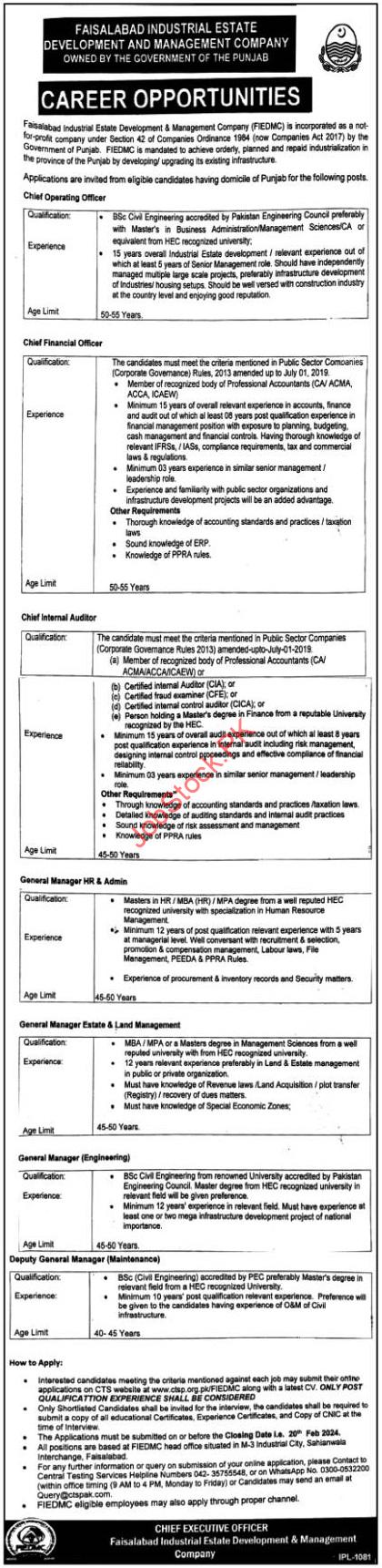 Situations Vacant at Faisalabad Industrial Estate Company