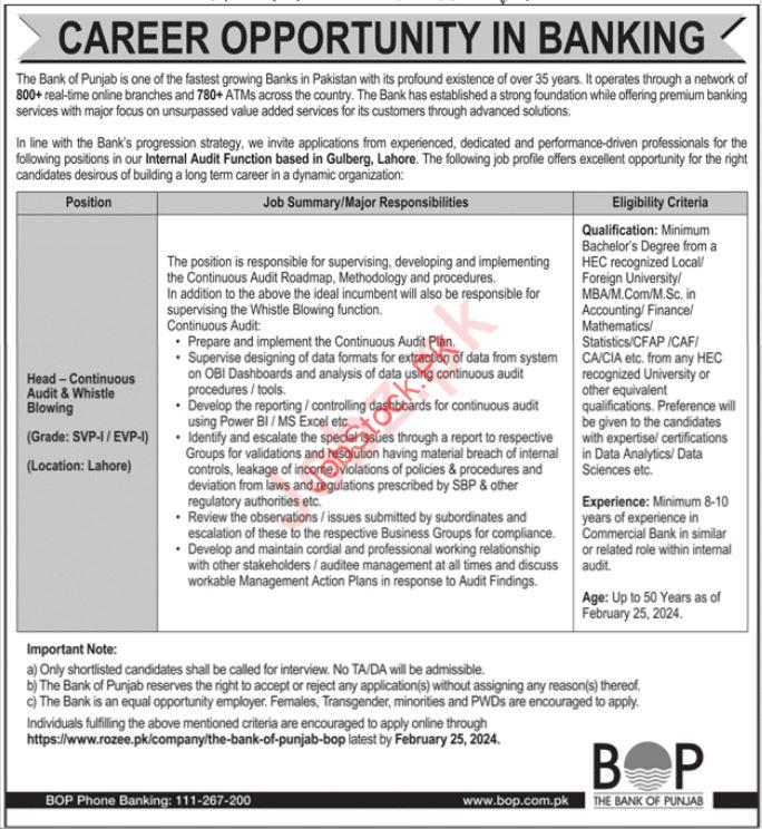 The Bank of Punjab BOP Lahore Job Annoucnement 2024