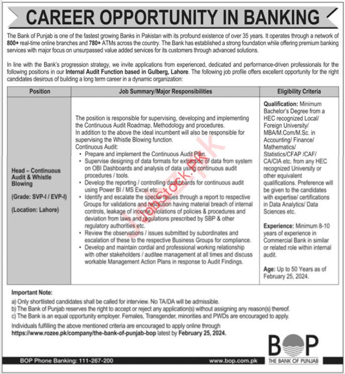 The Bank of Punjab BOP Lahore Job Notice 2024