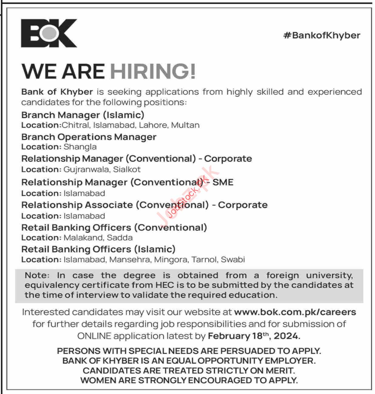 Vacancies Available at The Bank of Khyber BOK