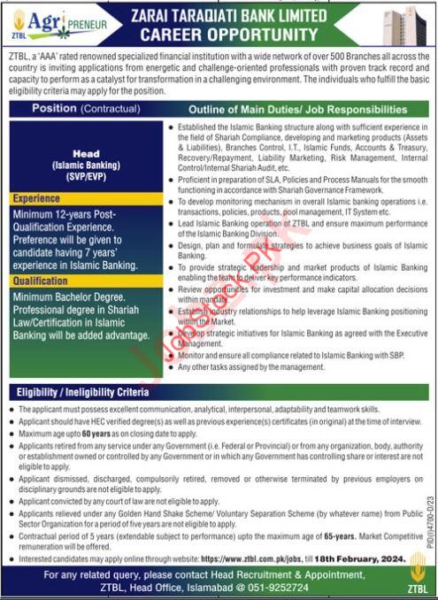 Zarai Taraqiati Bank Limited ZTBL Job Announcment 2024