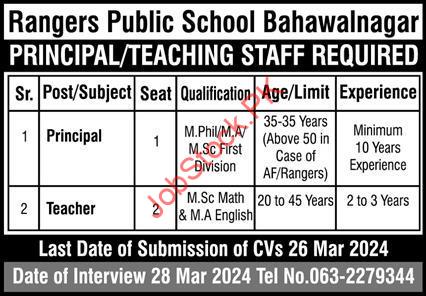 Rangers Public School Bahawalpur Jobs 2024 for Principal